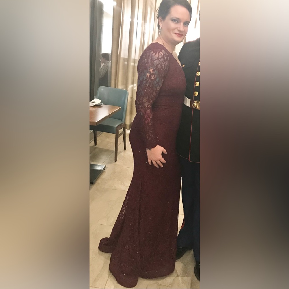 Xscape Burgundy Lace On Arm Long Sleeve Evening Gown